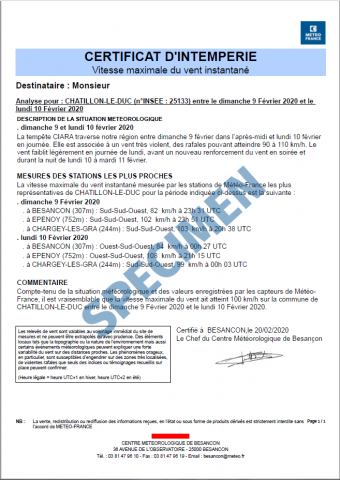 Certificat d'intempérie - Météo France