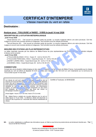 Exemple certificat intempérie Météo-France