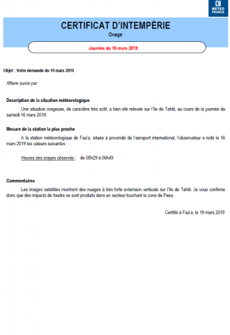 Certificat d'intempérie - Orage - Polynésie Française